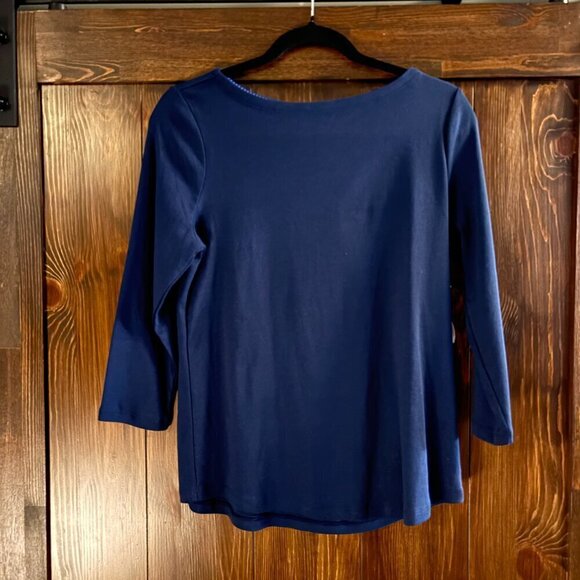 Charter Club Petite Navy Blue Pima Cotton Button-Shoulder 3/4 Sleeve Top NWT - Picture 2 of 4